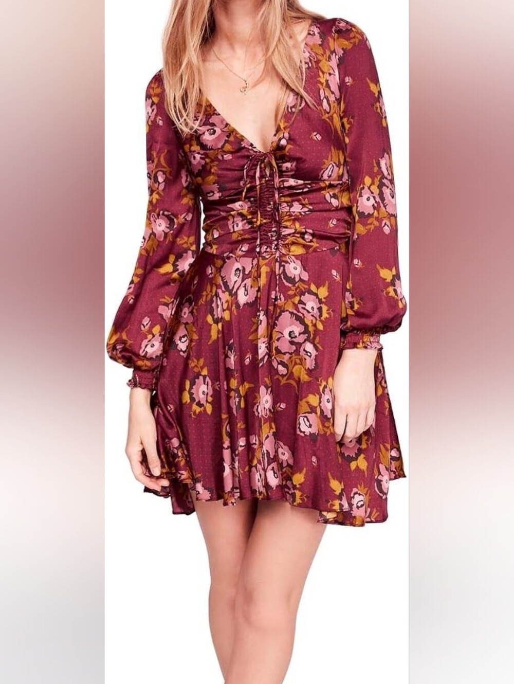 Free People Morning Light Mini Dress Floral Purple Long Sleeve Sz 10